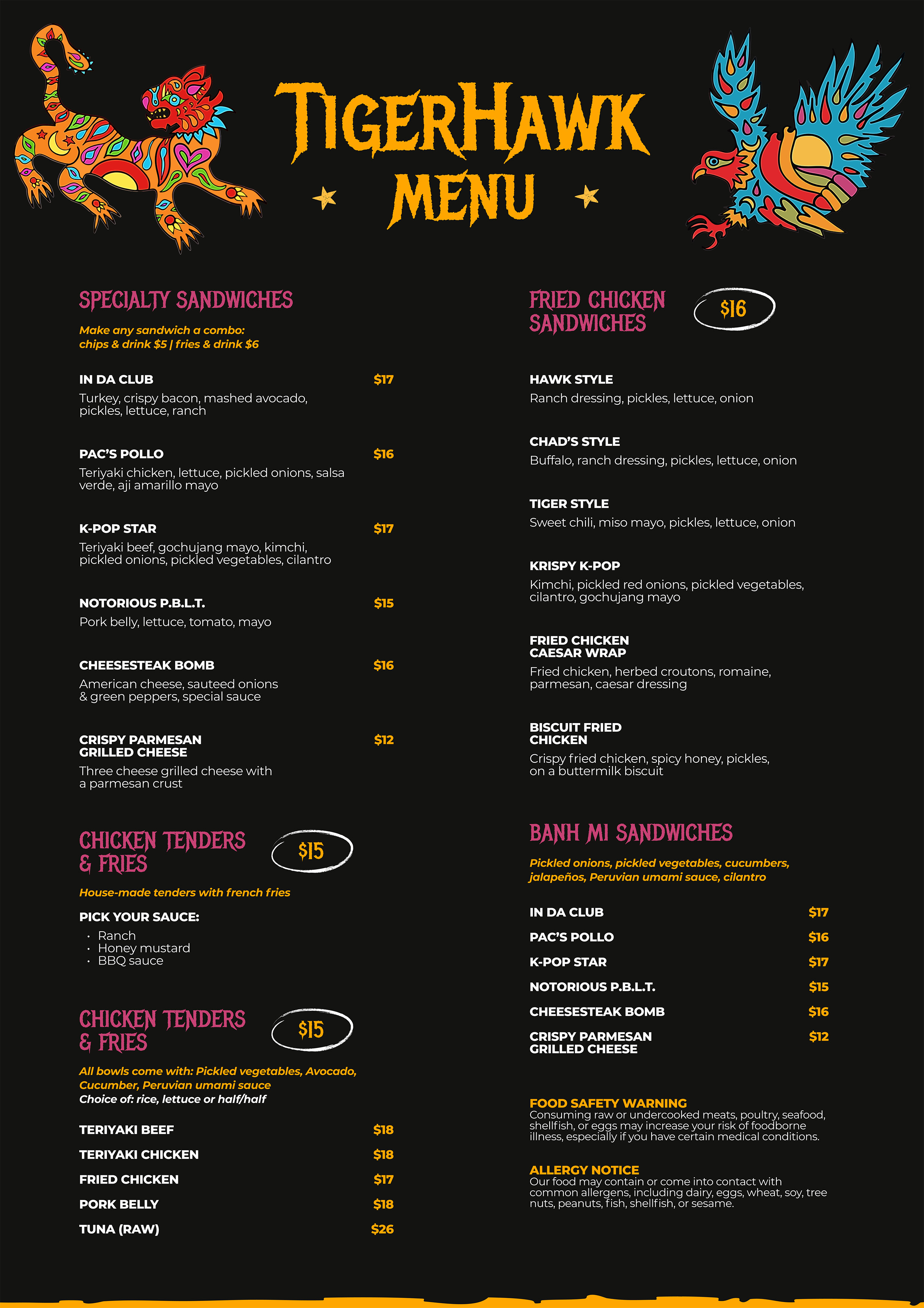 Tigerhawk full printed menu